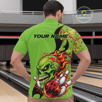 Custom Halloween Flaming Skull Bowling Men Quarter Zip Shirt, Halloween Bowler Outfit IPHW11946