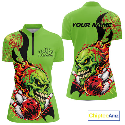 Custom Halloween Flaming Skull Bowling Women Quarter-Zip Shirt, Halloween Bowler Outfit IPHW11946
