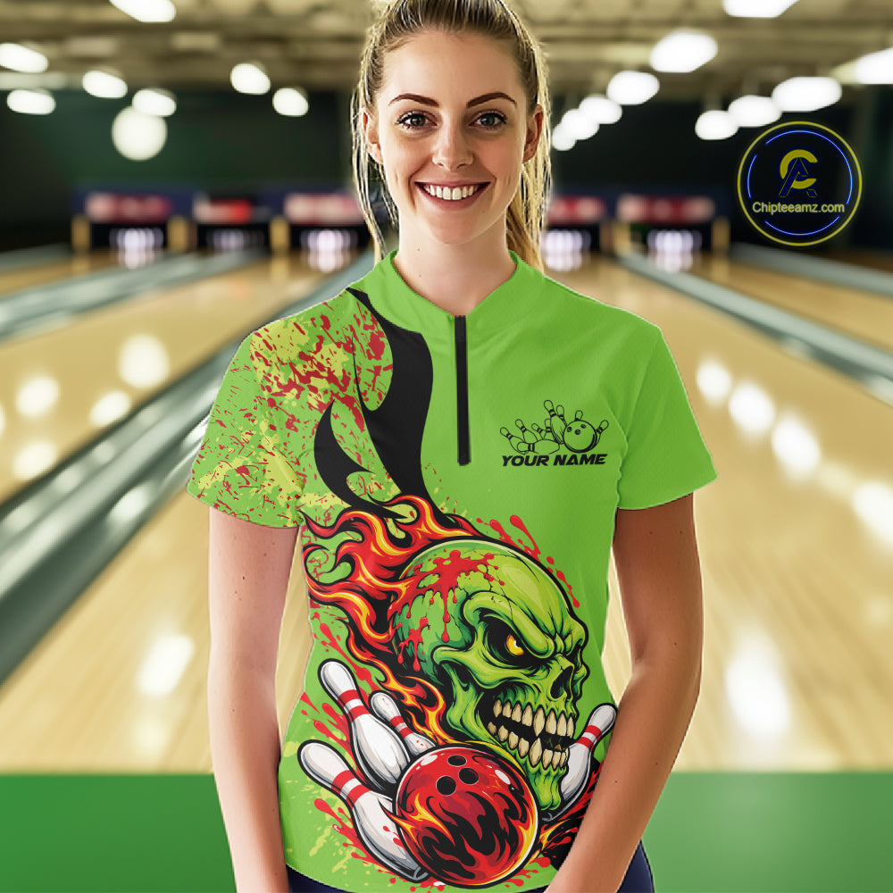 Custom Halloween Flaming Skull Bowling Women Quarter-Zip Shirt, Halloween Bowler Outfit IPHW11946