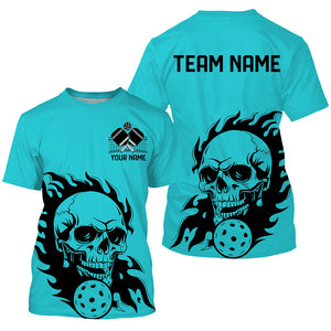 Blue Custom Flame Skull Pickleball T-Shirts For Men, Halloween Pickleball Team Outfits Halloween Pickleball  Gifts IPHW7557