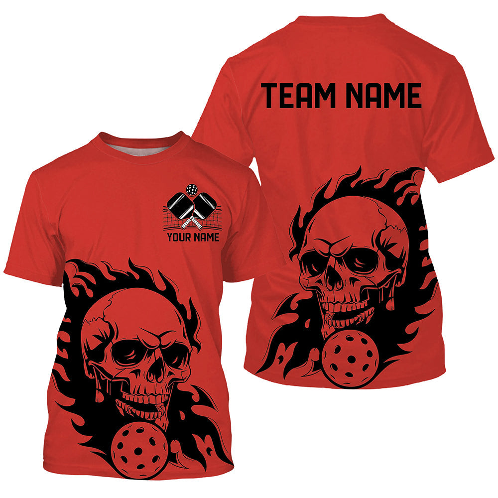 Red Custom Flame Skull Pickleball T-Shirts For Men, Halloween Pickleball Team Outfits Halloween Pickleball  Gifts IPHW7558