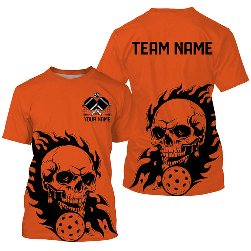 Orange Custom Flame Skull Pickleball Shirts For Men And Women, Halloween Pickleball Team Outfits Halloween Pickleball  Gifts IPHW7559