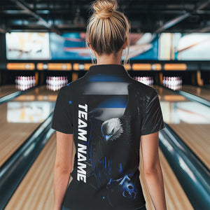 Custom Black And Blue US Flag Eagle Womens Bowling Polo Shirt, Patriotic Bowling Shirt IPHW8454