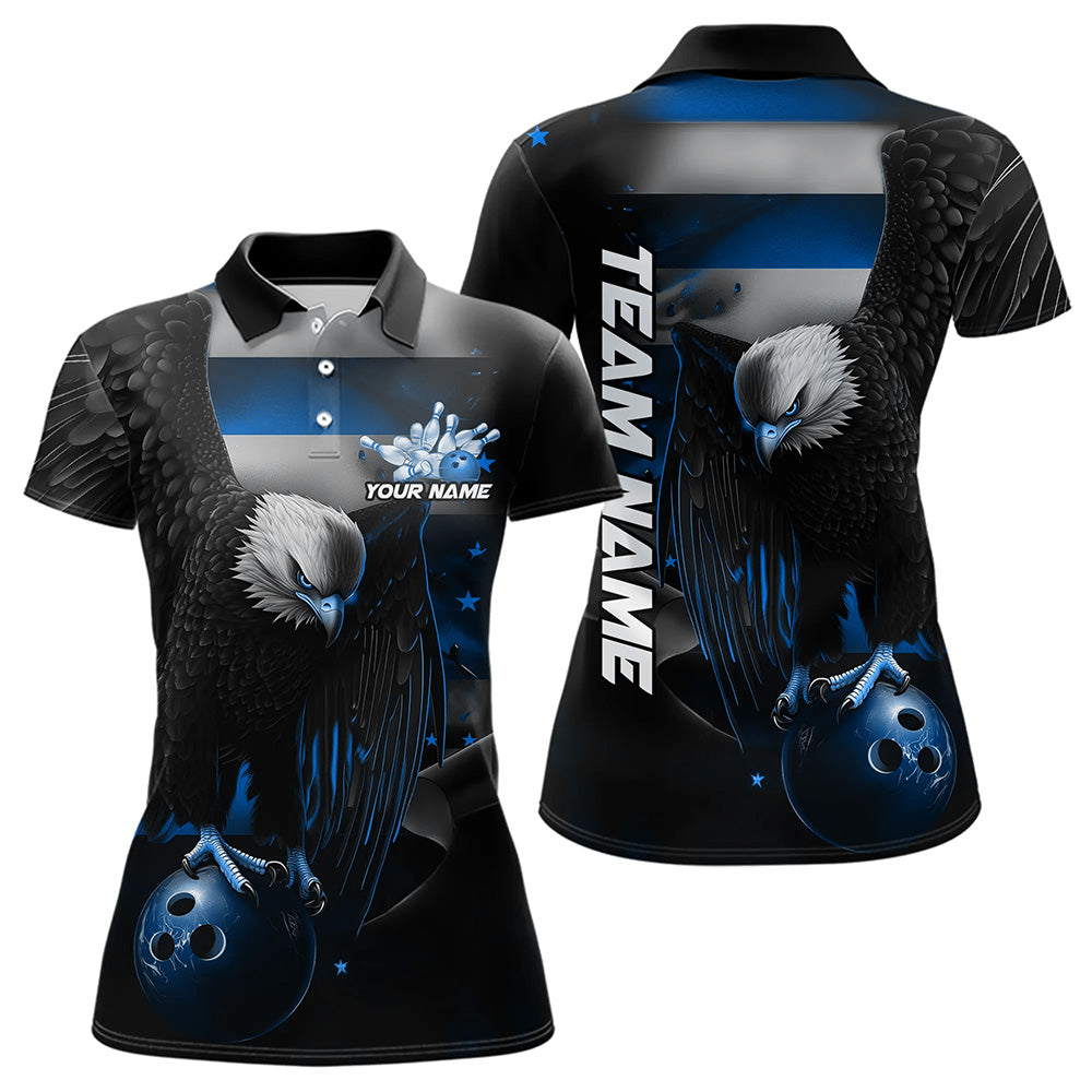 Custom Black And Blue US Flag Eagle Womens Bowling Polo Shirt, Patriotic Bowling Shirt IPHW8454