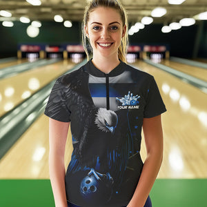 Custom Black And Blue US Flag Eagle Patriotic Bowling Quarter-Zip Shirts For Women IPHW8454