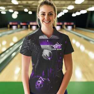 Custom Black And Purple US Flag Eagle Womens Bowling Polo Shirt, Patriotic Bowling Shirt IPHW8455