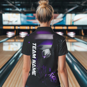 Custom Black And Purple US Flag Eagle Womens Bowling Polo Shirt, Patriotic Bowling Shirt IPHW8455