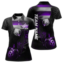 Load image into Gallery viewer, Custom Black And Purple US Flag Eagle Womens Bowling Polo Shirt, Patriotic Bowling Shirt IPHW8455