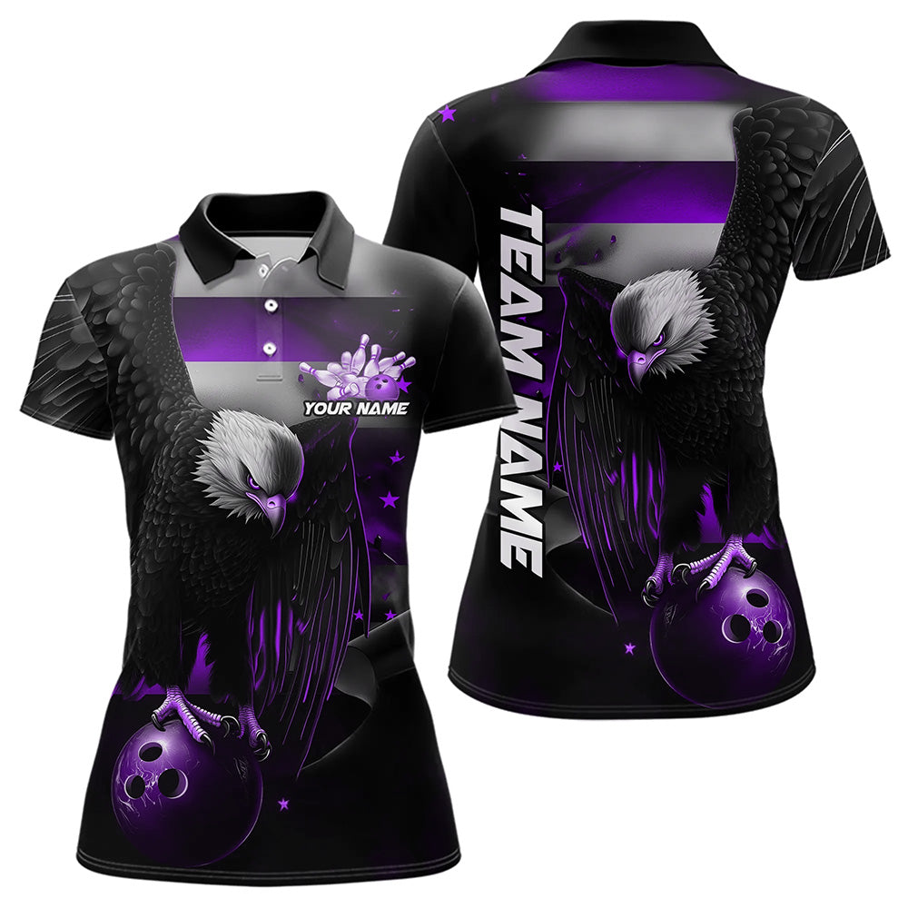 Custom Black And Purple US Flag Eagle Womens Bowling Polo Shirt, Patriotic Bowling Shirt IPHW8455