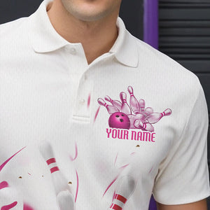 Custom White And Pink Splatter Bowling Polo Shirts For Men, Bowling Tournament Shirt IPHW8459