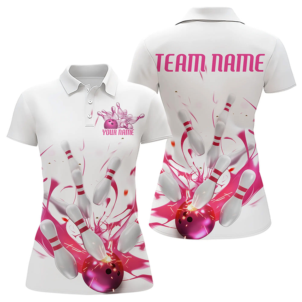 Custom White And Pink Splatter Bowling Polo Shirts For Women, Bowling Tournament Shirt IPHW8459