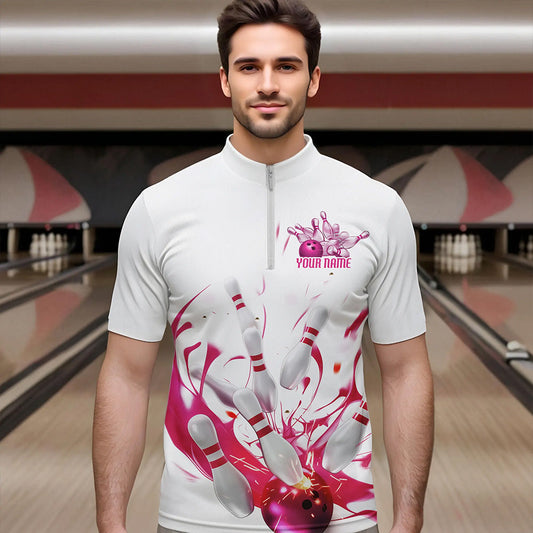 Custom White And Pink Splatter Bowling Quarter-Zip Shirts For Men, Bowling Tournament Shirt IPHW8459