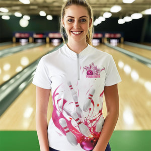 Custom White And Pink Splatter Ladies Bowling Quarter-Zip Shirt, Bowling Tournament Shirt IPHW8459