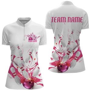 Custom White And Pink Splatter Ladies Bowling Quarter-Zip Shirt, Bowling Tournament Shirt IPHW8459