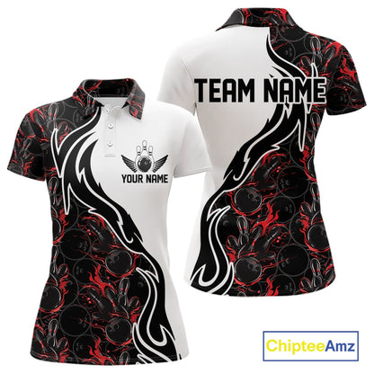 Custom Black And Red Flame Bowling Team Shirts, Bowling League Shirt Women Bowling Jersey IPHW10543