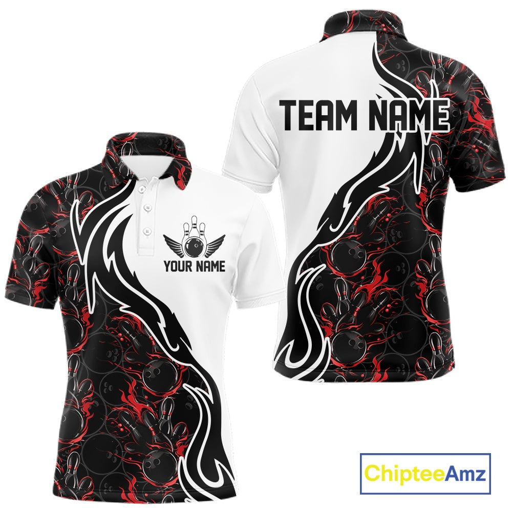 Custom Black And Red Flame Bowling Team Shirts, Bowling League Shirt Men Bowling Jersey IPHW10543