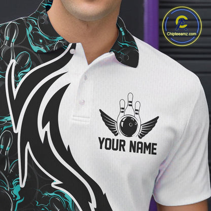 Custom Black And Turquoise Blue Flame Bowling Team Shirts, Men Bowling League Shirt IPHW10544
