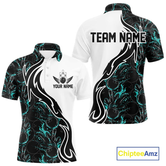 Custom Black And Turquoise Blue Flame Bowling Team Shirts, Men Bowling League Shirt IPHW10544