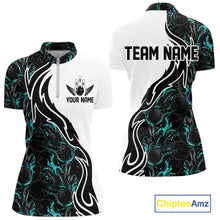 Load image into Gallery viewer, Custom Black And Turquoise Blue Flame Bowling Team Shirts, Women Bowling League Shirt IPHW10544