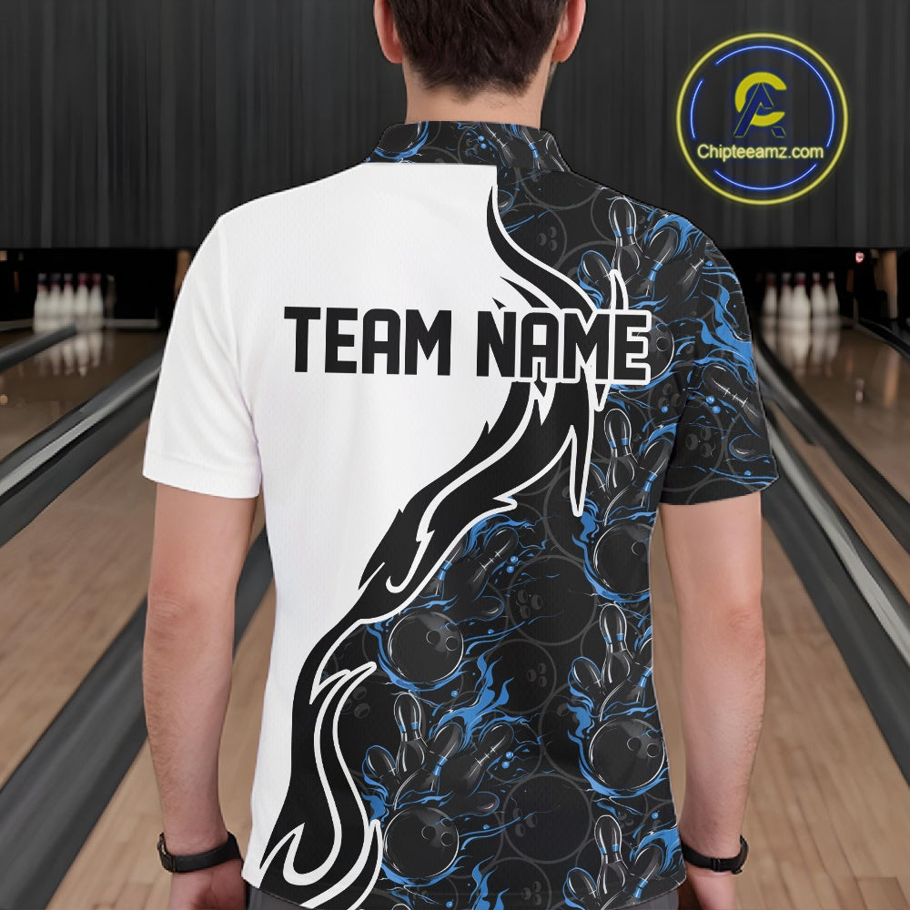 Custom Black And Blue Flame Bowling Team Shirts, Bowling League Shirt Men Bowling Jersey IPHW10545