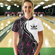 Load image into Gallery viewer, Custom Black And Pink Flame Bowling Team Shirts, Bowling League Shirt Women Jersey IPHW10546