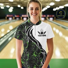 Load image into Gallery viewer, Custom Black And Green Flame Bowling Team Shirts, Bowling League Shirt Women Jersey IPHW10547