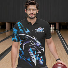 Load image into Gallery viewer, Custom Black And Blue Flame Dragon Bowling Polo Shirts For Men, Dragon Bowling League Shirt IPHW8702