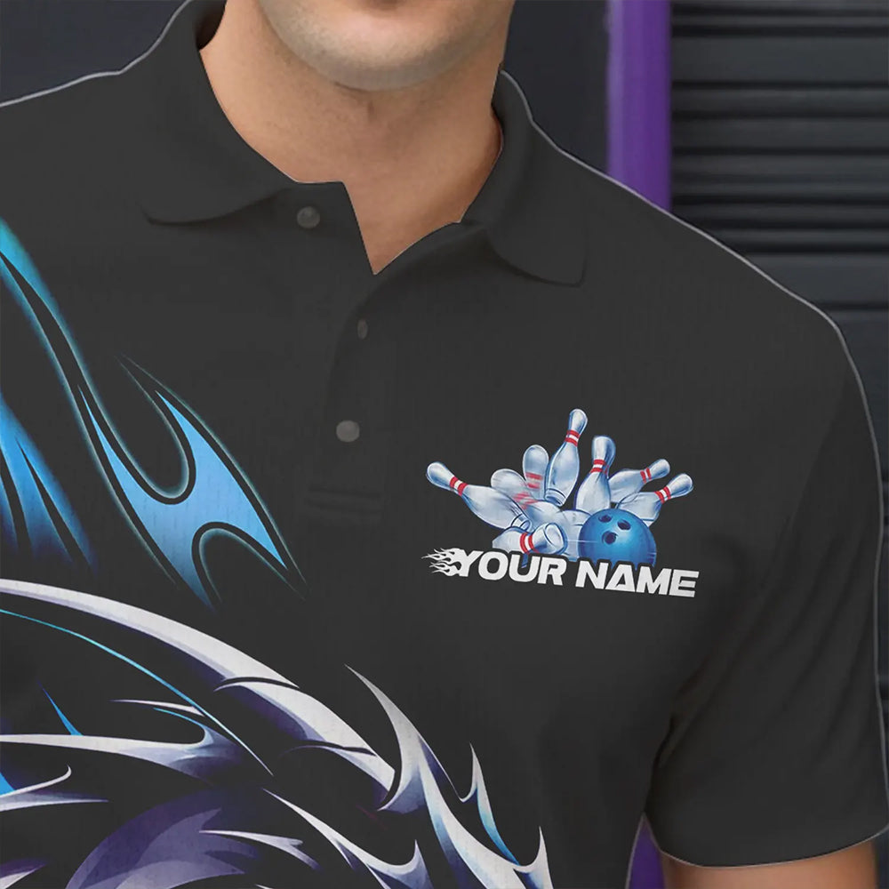 Custom Black And Blue Flame Dragon Bowling Polo Shirts For Men, Dragon Bowling League Shirt IPHW8702