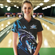Load image into Gallery viewer, Custom Black And Blue Flame Dragon Bowling Womens Polo Shirts, Dragon Bowling League Shirt IPHW8702