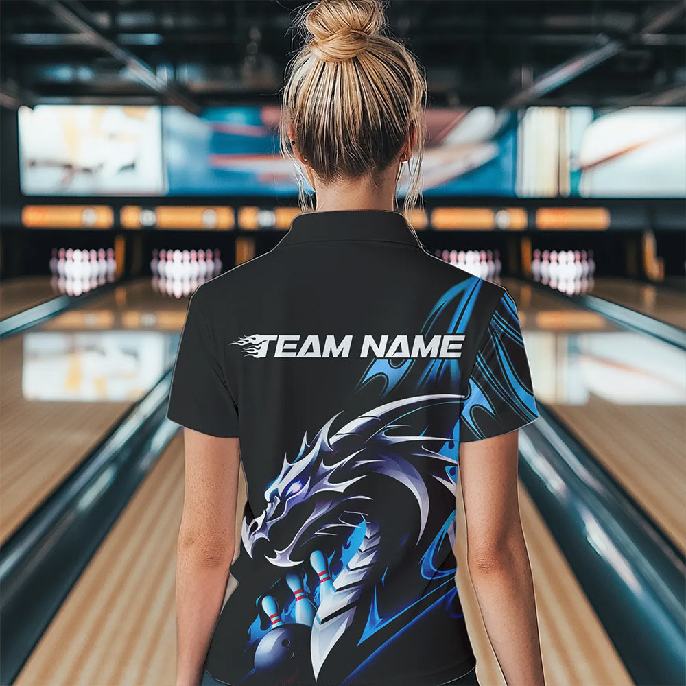 Custom Black And Blue Flame Dragon Bowling Womens Polo Shirts, Dragon Bowling League Shirt IPHW8702