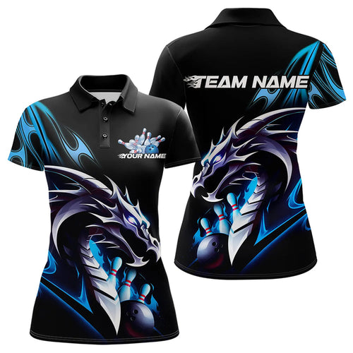 Custom Black And Blue Flame Dragon Bowling Womens Polo Shirts, Dragon Bowling League Shirt IPHW8702