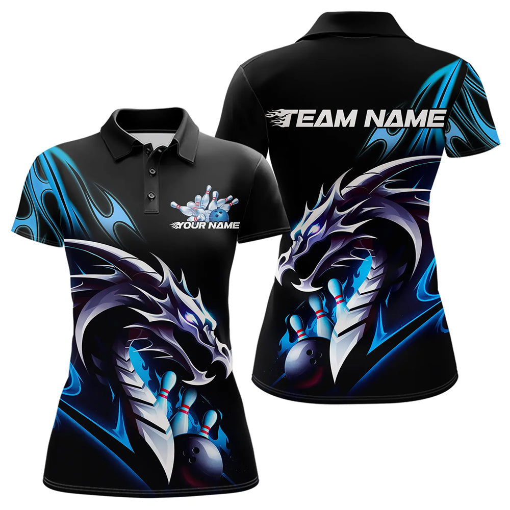 Custom Black And Blue Flame Dragon Bowling Womens Polo Shirts, Dragon Bowling League Shirt IPHW8702