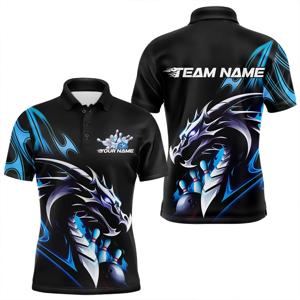 Custom Black And Blue Flame Dragon Bowling Polo Shirts For Men, Dragon Bowling League Shirt IPHW8702