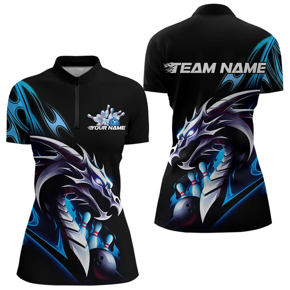 Custom Black And Blue Flame Dragon Bowling Women Quarter-Zip Shirts, Bowling League Shirt IPHW8702