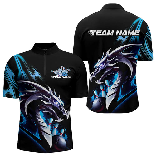 Custom Black And Blue Flame Dragon Bowling Quarter-Zip Shirts For Men, Dragon Bowling League Shirt IPHW8702
