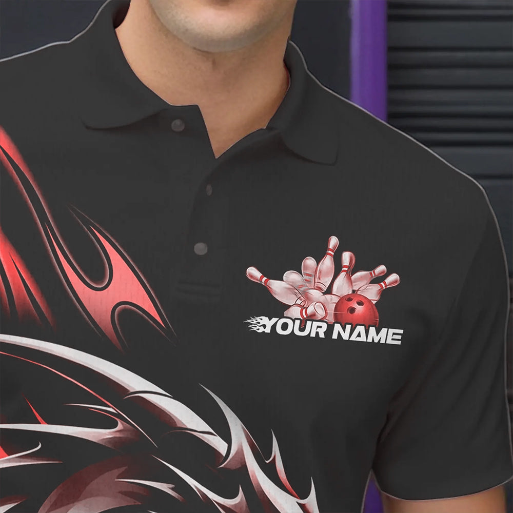 Custom Black And Red Flame Dragon Bowling Polo Shirts For Men, Dragon Bowling League Shirt IPHW8703