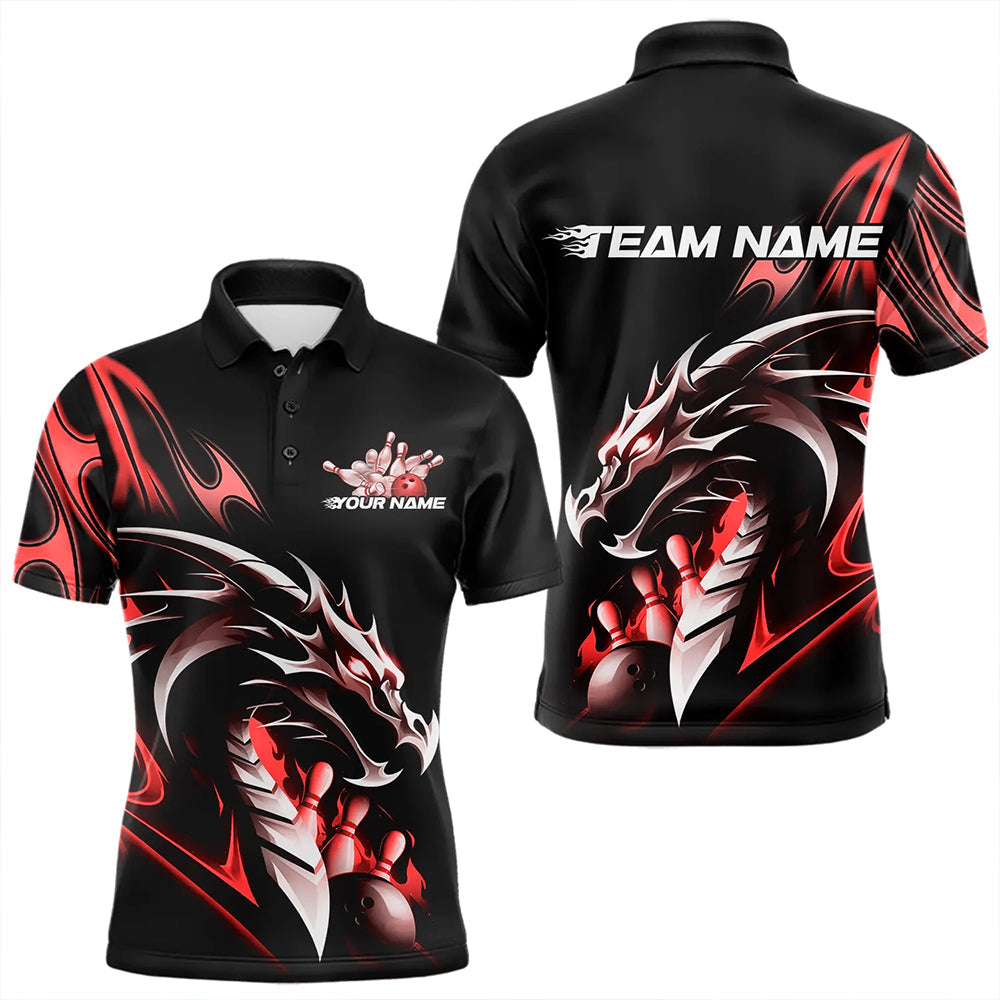Custom Black And Red Flame Dragon Bowling Polo Shirts For Men, Dragon Bowling League Shirt IPHW8703
