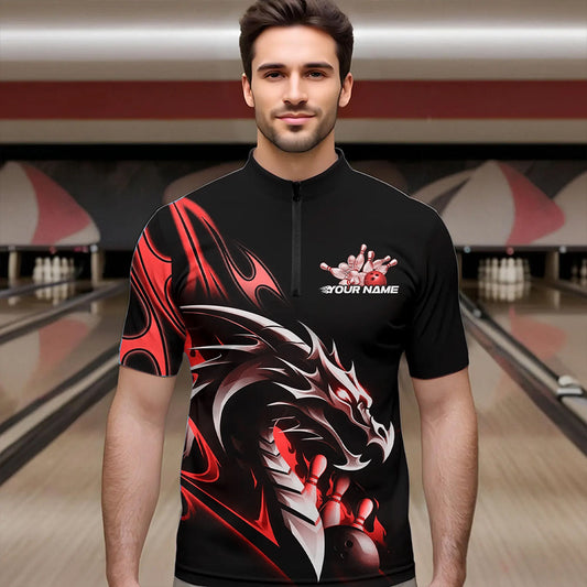 Custom Black And Red Flame Dragon Bowling Quarter-Zip Shirts For Men, Dragon Bowling League Shirt IPHW8703