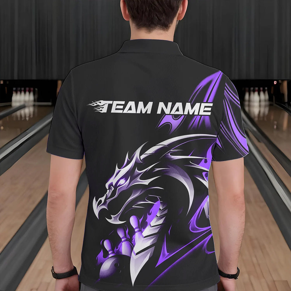 Custom Black And Purple Flame Dragon Bowling Polo Shirts For Men, Dragon Bowling League Shirt IPHW8704