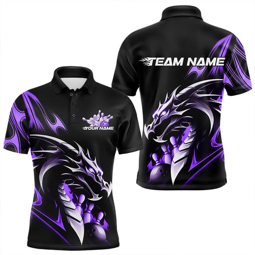 Custom Black And Purple Flame Dragon Bowling Polo Shirts For Men, Dragon Bowling League Shirt IPHW8704