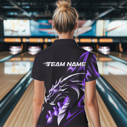 Custom Black And Purple Flame Dragon Bowling Women Quarter-Zip Shirts, Bowling League Shirt IPHW8704