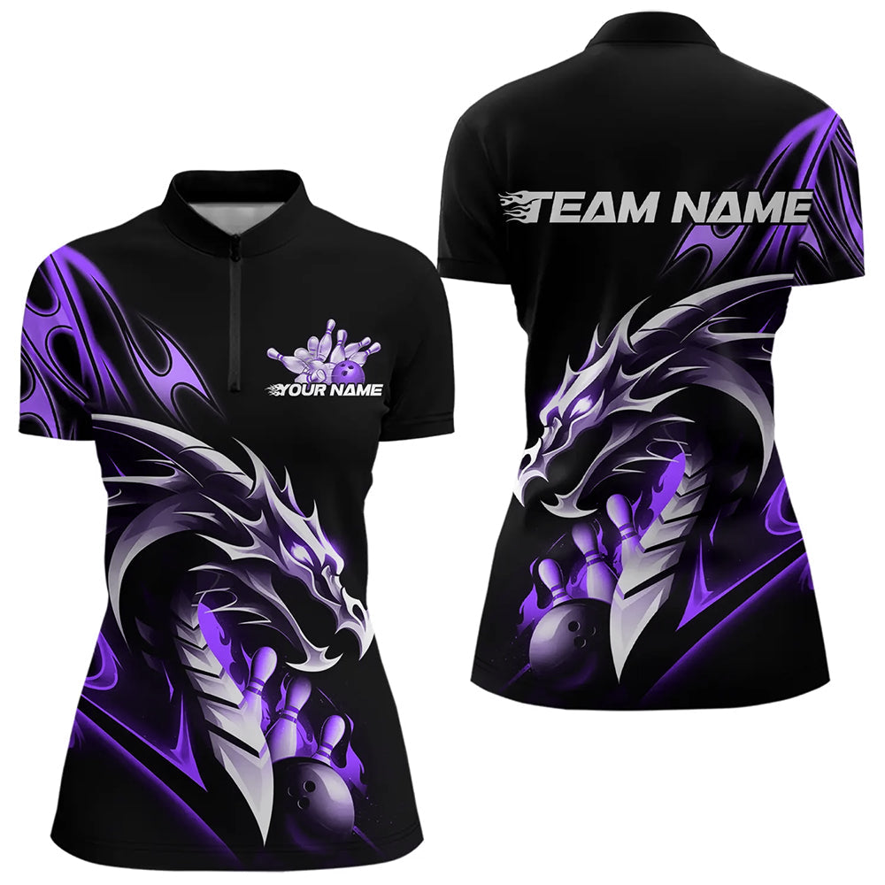Custom Black And Purple Flame Dragon Bowling Women Quarter-Zip Shirts, Bowling League Shirt IPHW8704
