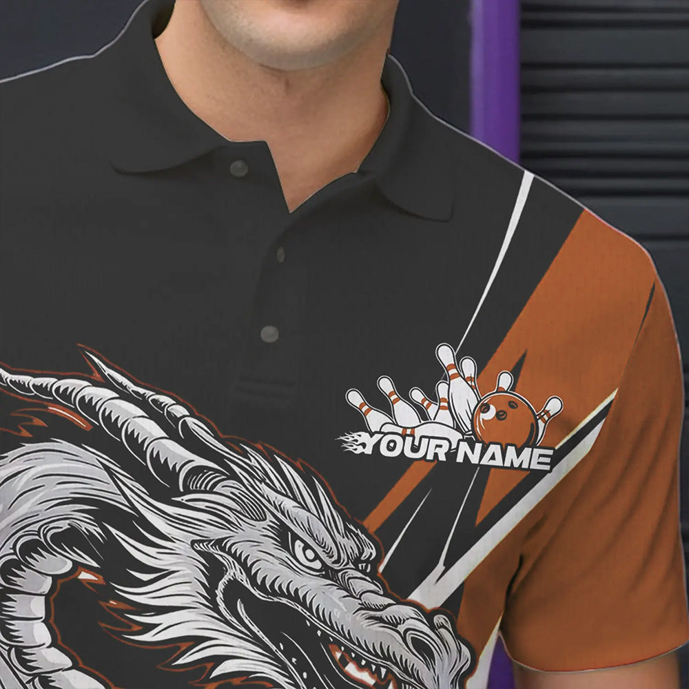 Custom Black And Orange Flame Dragon Bowling Jerseys, Dragon Men Bowling Team Polo Shirts IPHW8711