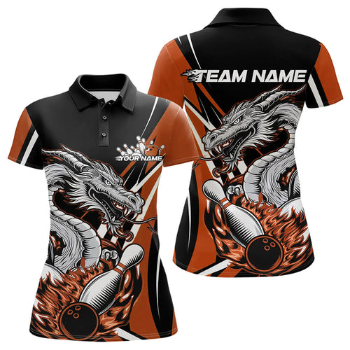 Custom Black And Orange Flame Dragon Bowling Jerseys, Dragon Women Bowling Team Polo Shirts IPHW8711