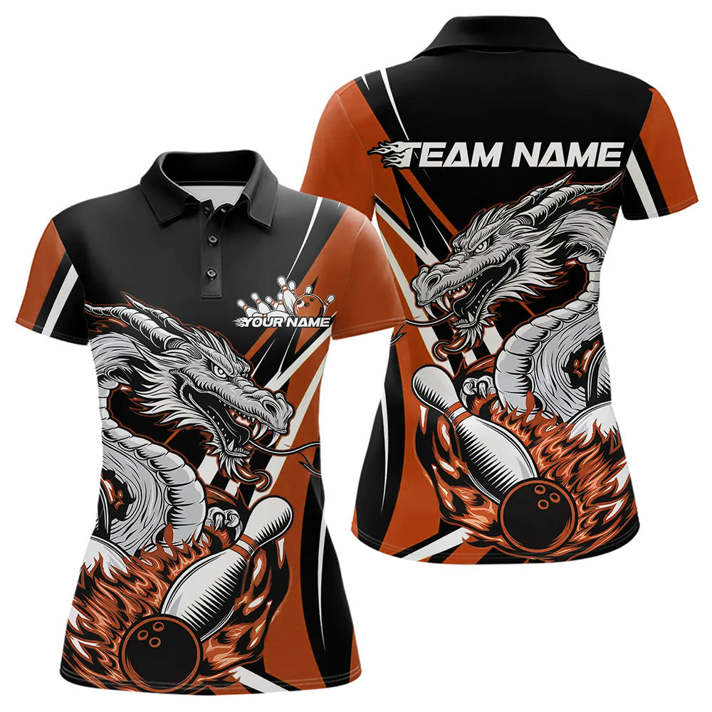 Custom Black And Orange Flame Dragon Bowling Jerseys, Dragon Women Bowling Team Polo Shirts IPHW8711