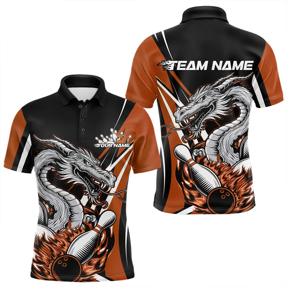 Custom Black And Orange Flame Dragon Bowling Jerseys, Dragon Men Bowling Team Polo Shirts IPHW8711