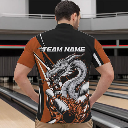 Custom Black And Orange Flame Dragon Bowling Jerseys, Dragon Men Bowling Team Quarter-Zip Shirts IPHW8711