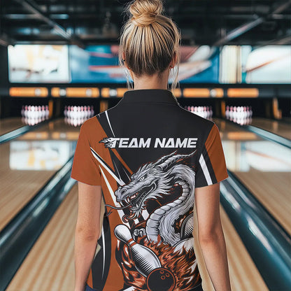 Custom Black And Orange Flame Dragon Bowling Jerseys Women Bowling Team Quarter-Zip Shirts IPHW8711
