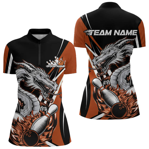 Custom Black And Orange Flame Dragon Bowling Jerseys Women Bowling Team Quarter-Zip Shirts IPHW8711