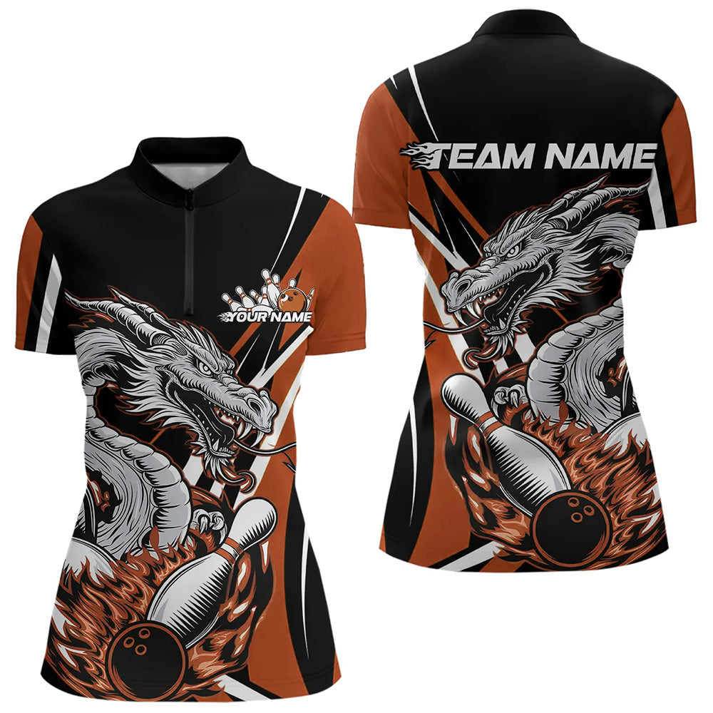 Custom Black And Orange Flame Dragon Bowling Jerseys Women Bowling Team Quarter-Zip Shirts IPHW8711